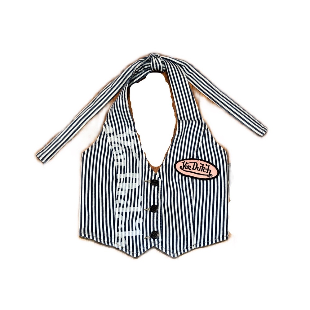 Von Dutch Pinstripe Halter Tie Denim Vest in Blue & White, Women’s size XS